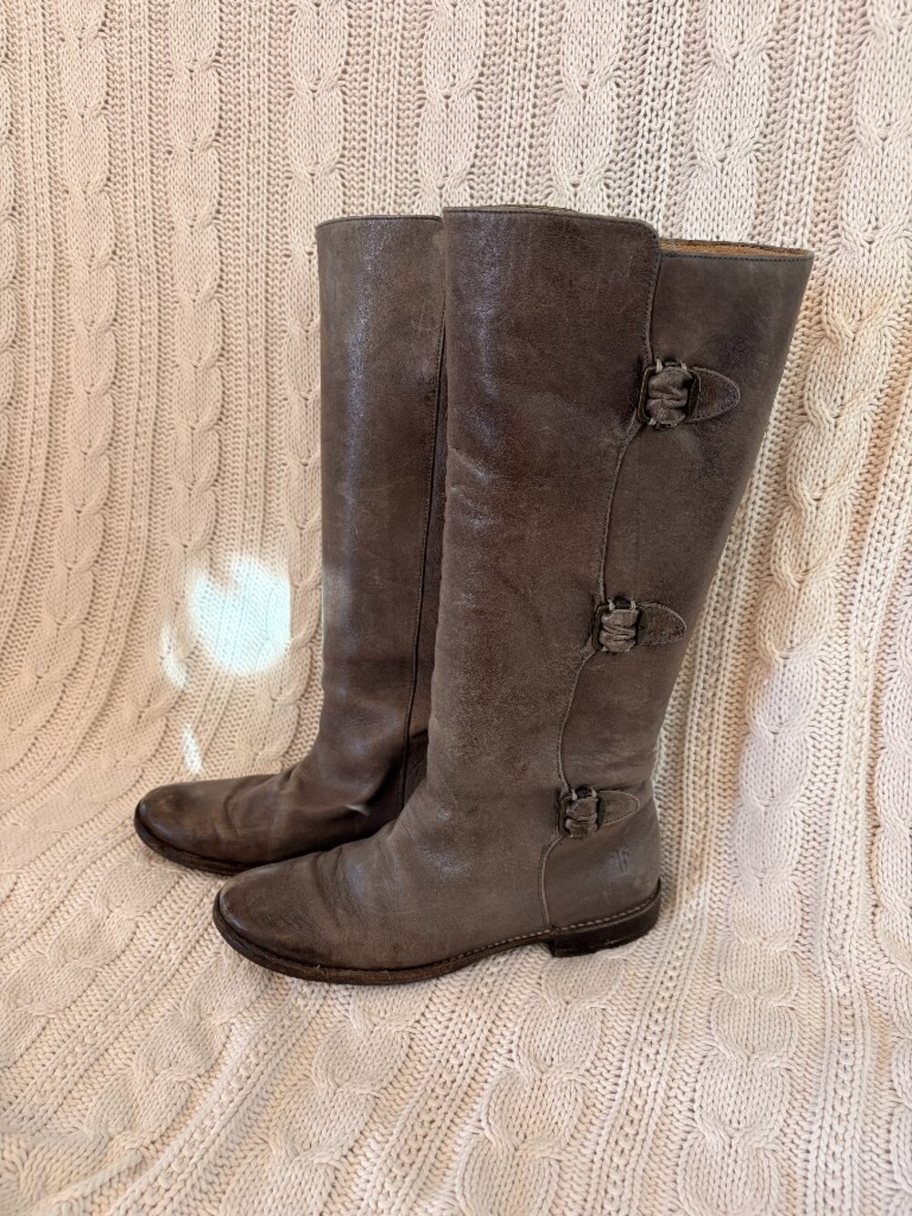 Frye Paige Tall Triple Buckle Gray Leather Riding Boots Size 9